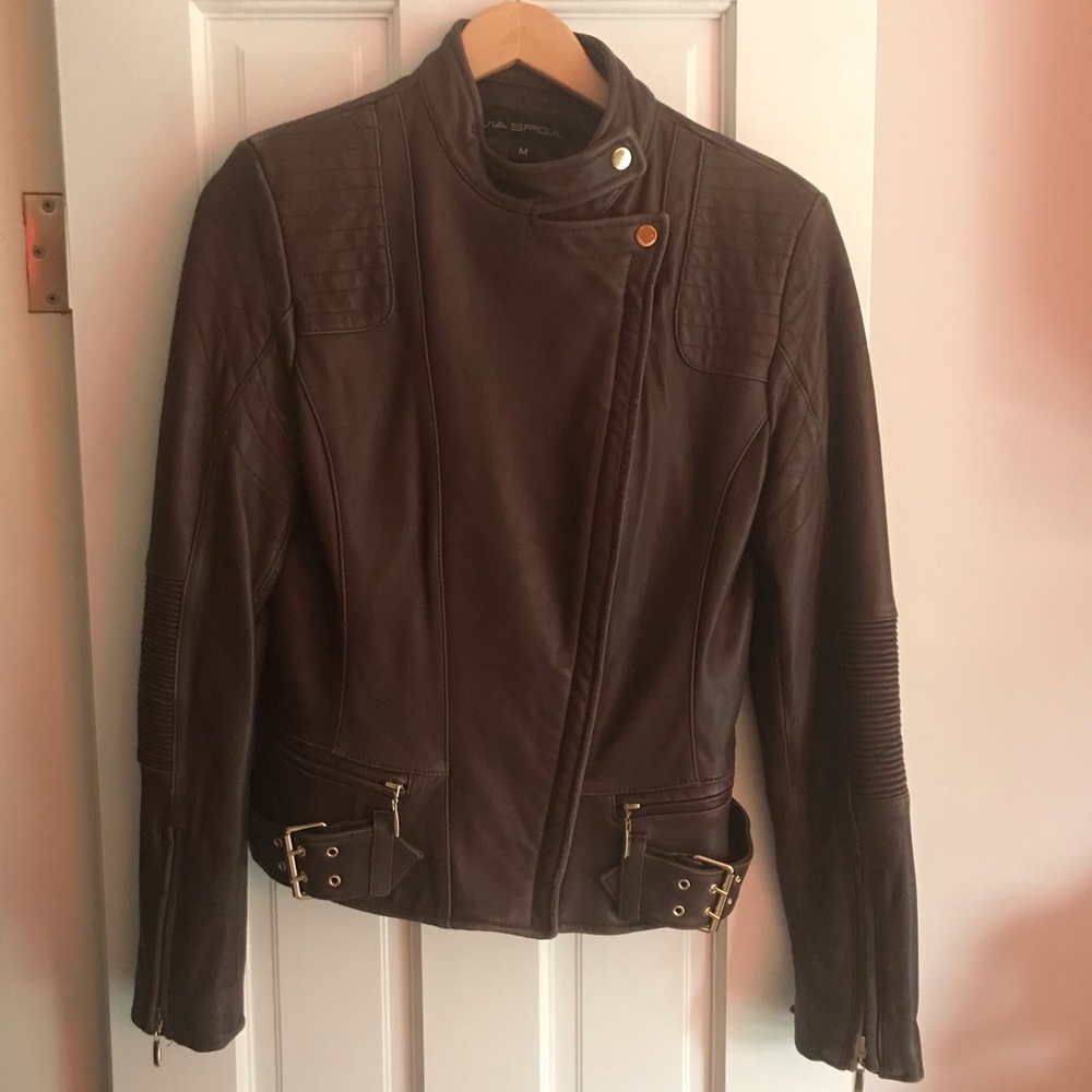SOLD!!! Via Spiga brown leather lambskin moto jacket S/M - Picture 5 of 10
